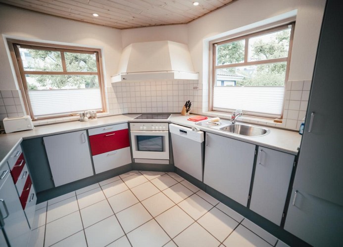 Küche mit Dunstabzg, Spülmaschine, Backofen und Herd